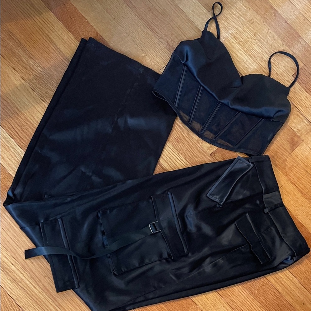 Fashion Nova Black Satin Cargo Jumpsuit Set with Corset Top